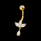 Triple Marquise Gem Fan Navel Jewelry / Belly Button Ring with Floating Teardrop Dangle – 24Kt Gold PVD Titanium