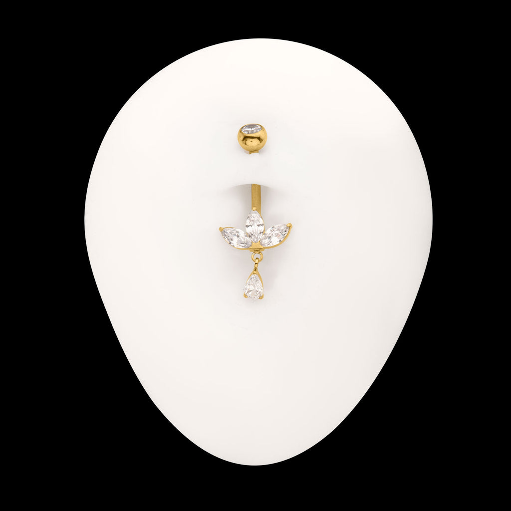 Triple Marquise Gem Fan Navel Jewelry / Belly Button Ring with Floating Teardrop Dangle – 24Kt Gold PVD Titanium