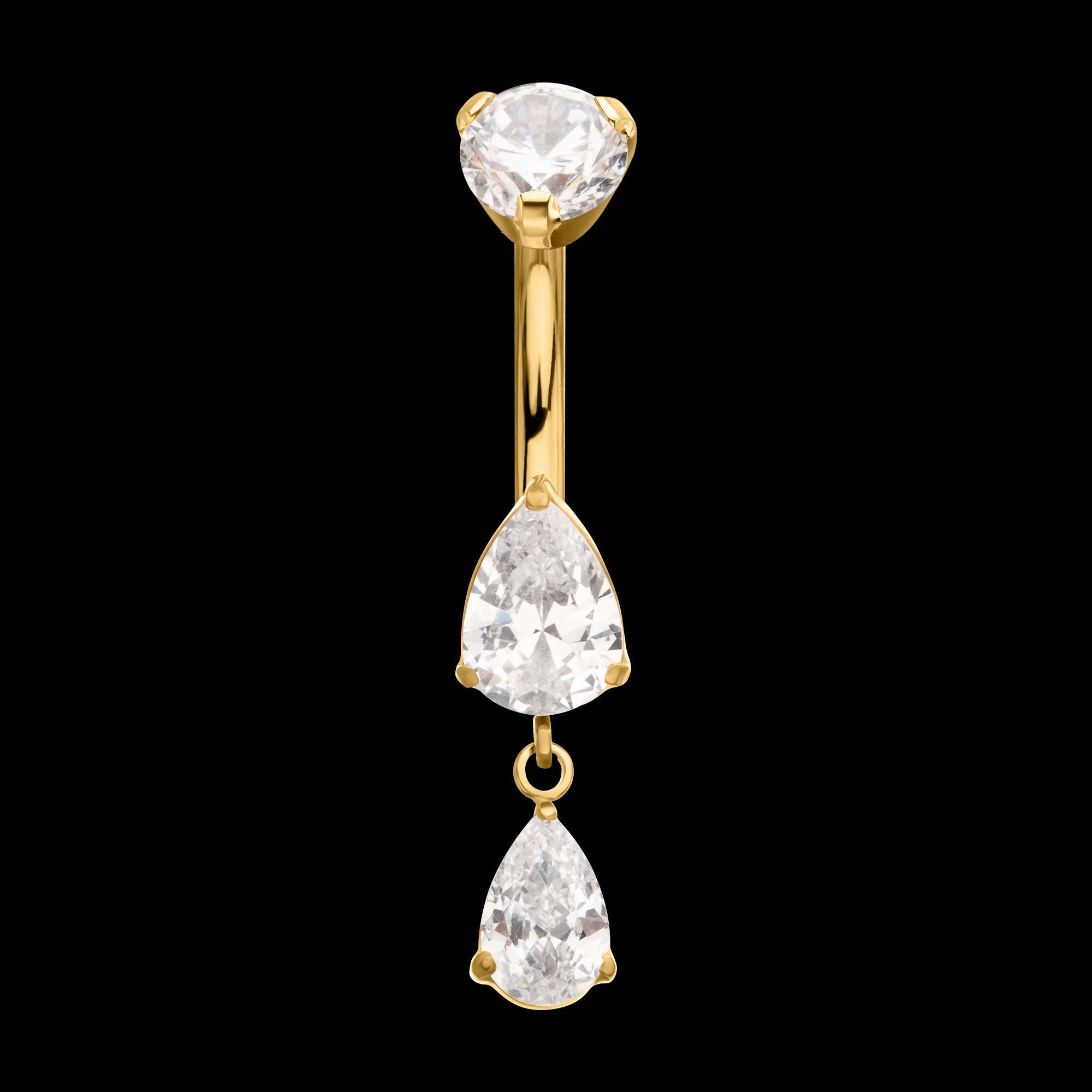 Double Teardrop Prong-Set Gem Dangle Navel Jewelry / Belly Button Ring – 24Kt Gold PVD Titanium