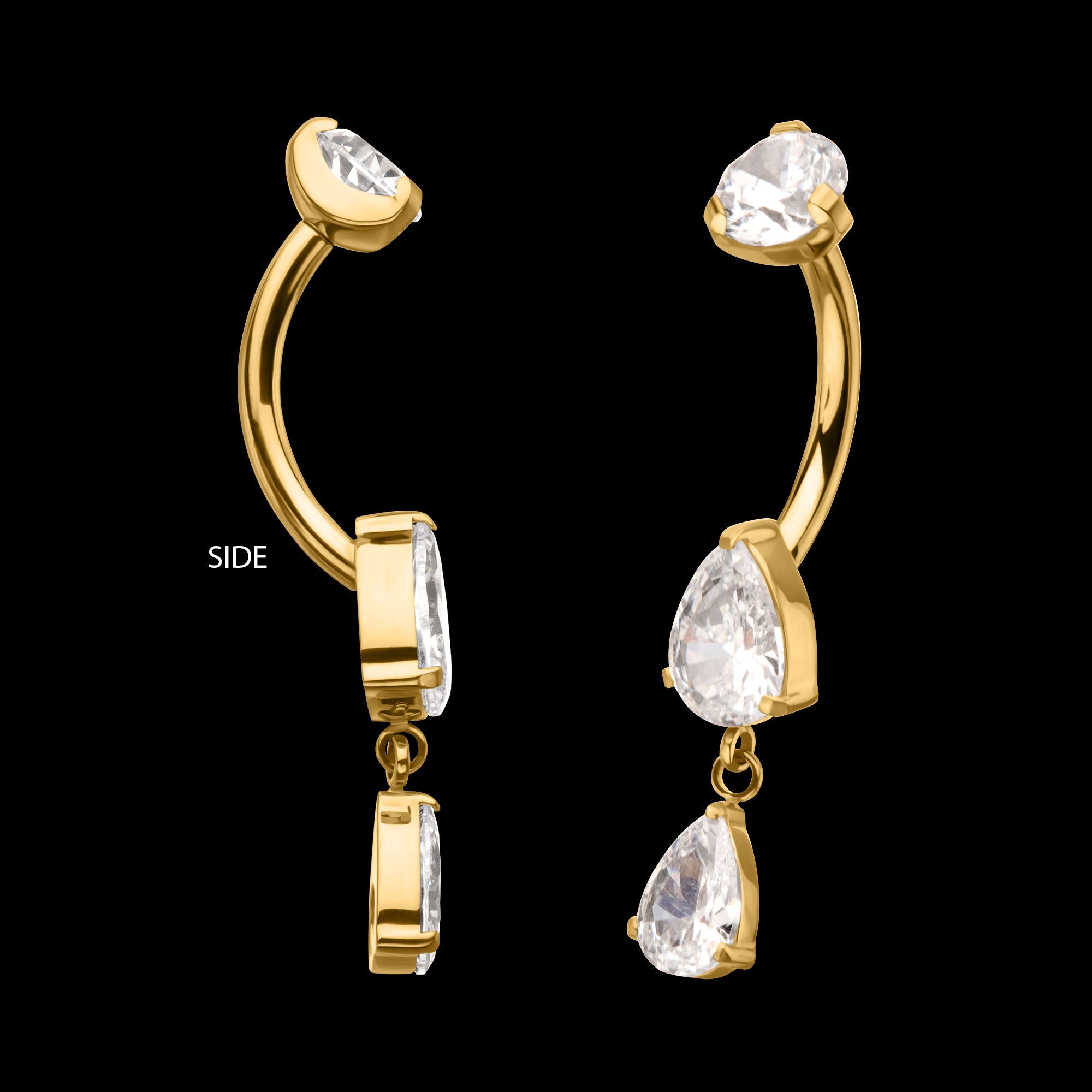 Double Teardrop Prong-Set Gem Dangle Navel Jewelry / Belly Button Ring – 24Kt Gold PVD Titanium