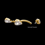Double Teardrop Prong-Set Gem Dangle Navel Jewelry / Belly Button Ring – 24Kt Gold PVD Titanium