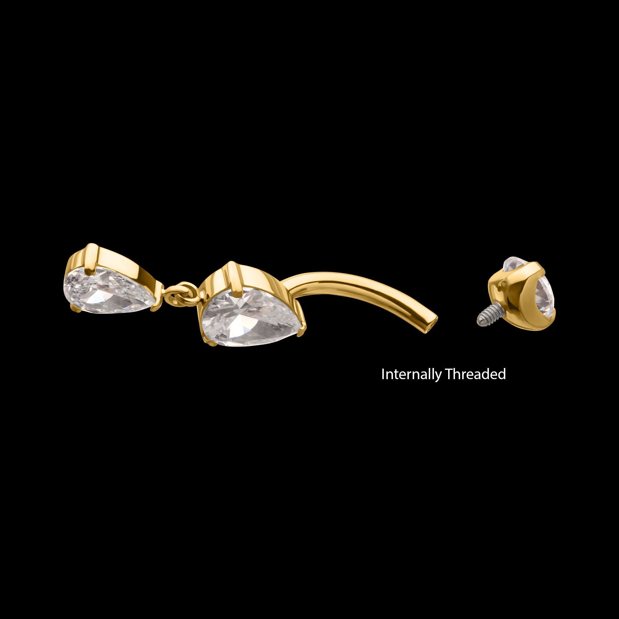Double Teardrop Prong-Set Gem Dangle Navel Jewelry / Belly Button Ring – 24Kt Gold PVD Titanium