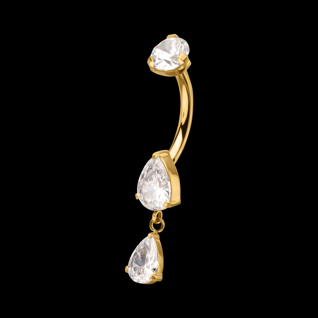 Double Teardrop Prong-Set Gem Dangle Navel Jewelry / Belly Button Ring – 24Kt Gold PVD Titanium