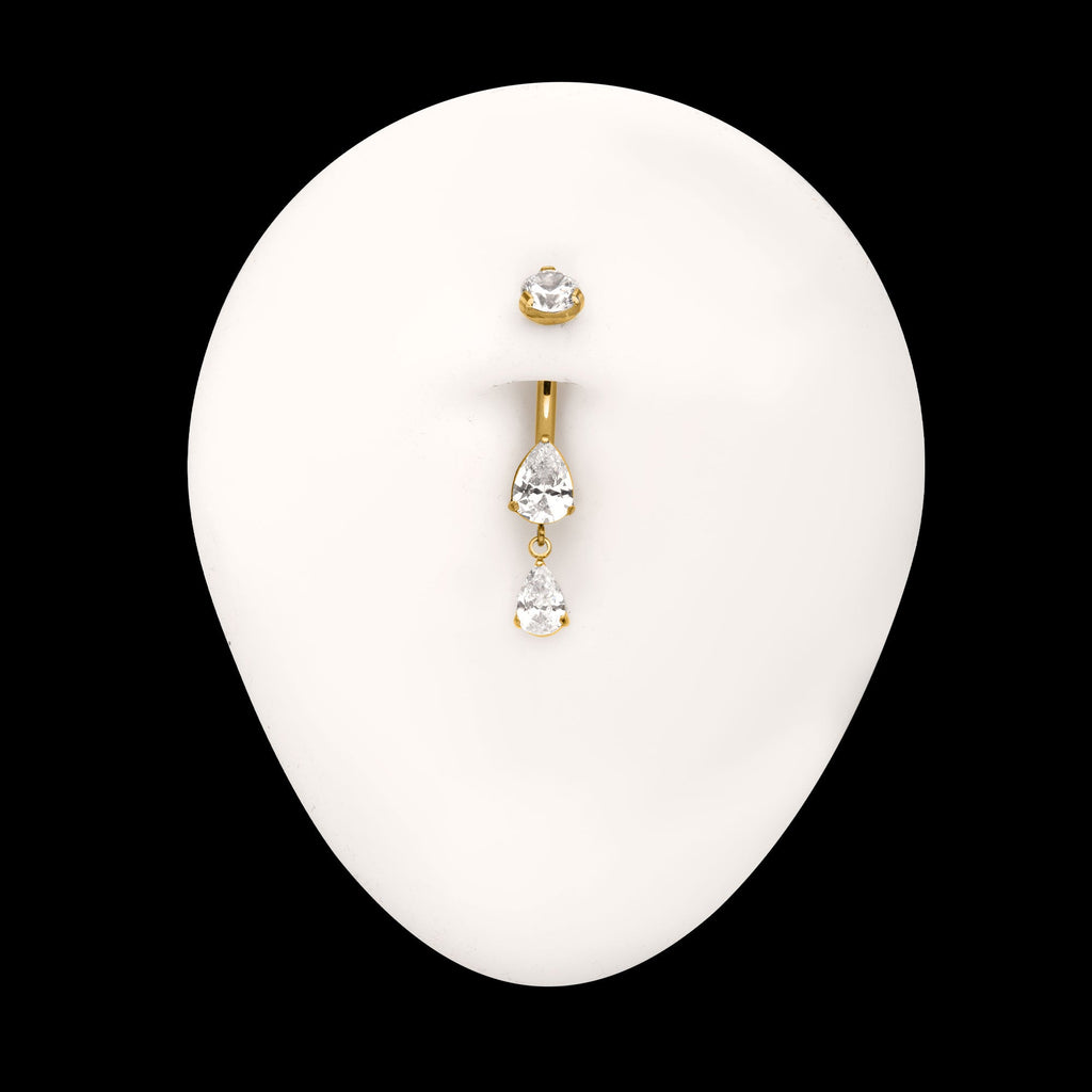 Double Teardrop Prong-Set Gem Dangle Navel Jewelry / Belly Button Ring – 24Kt Gold PVD Titanium