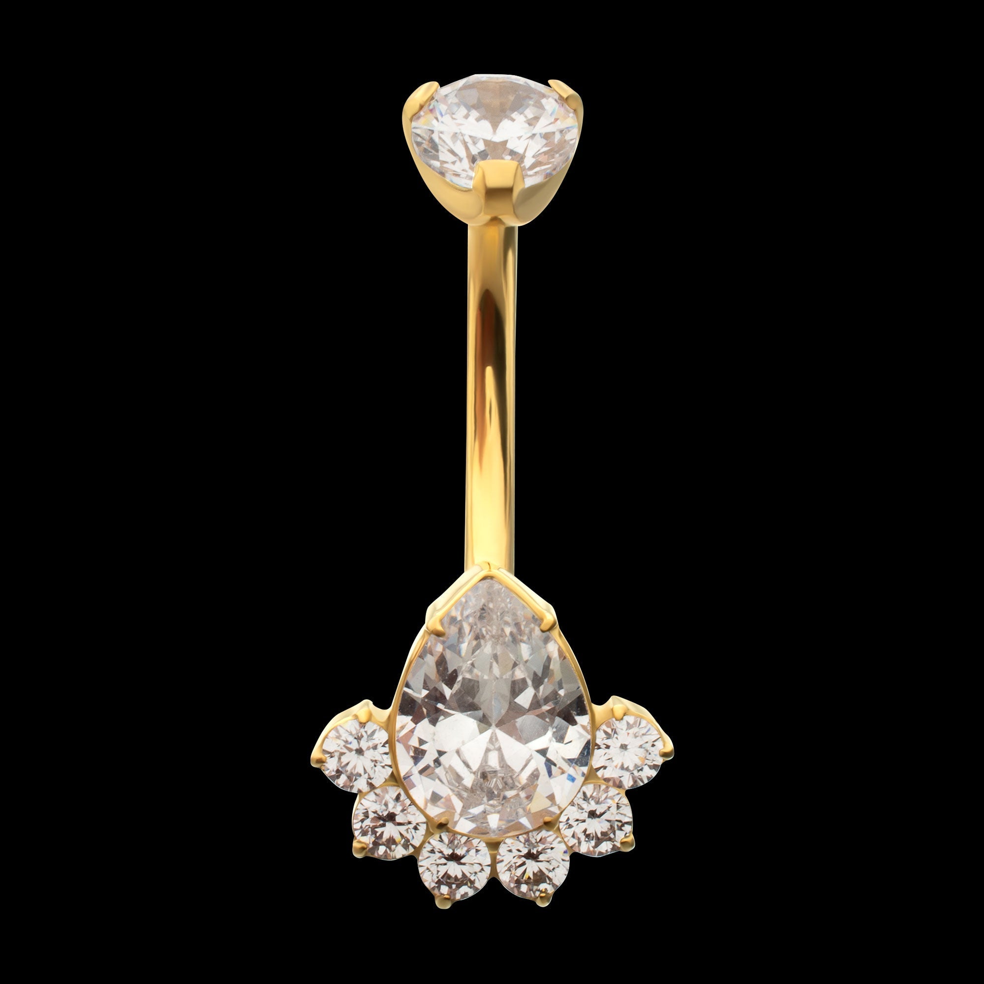 Royal Cluster Teardrop Gem Fixed Bottom Navel Jewelry / Belly Button Ring – 24Kt Gold PVD Titanium