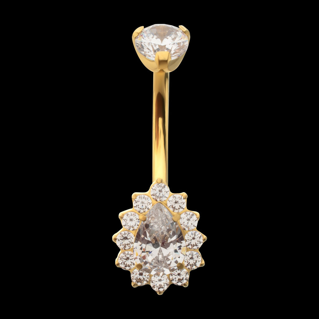 Teardrop Halo with Clear Gem Edge Fixed Bottom Navel Jewelry / Belly Button Ring – 24Kt Gold PVD Titanium