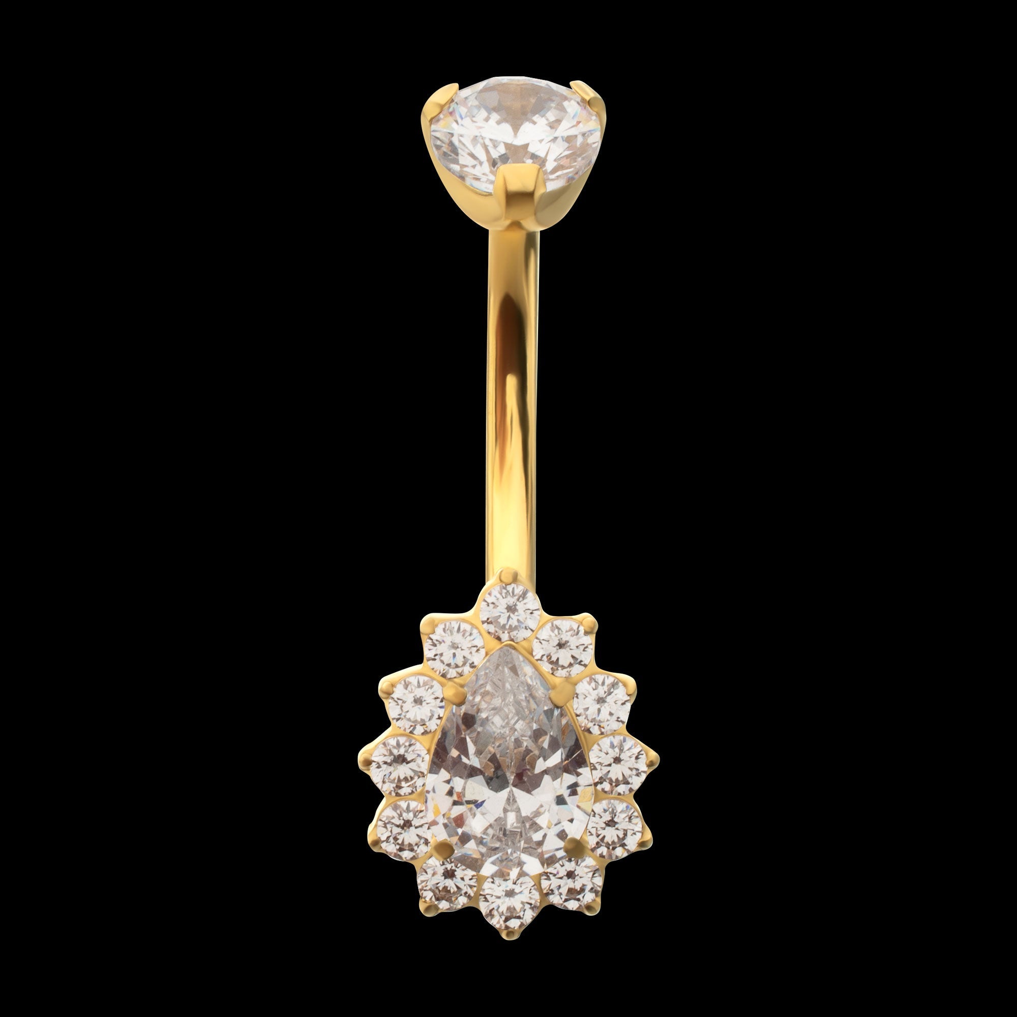 Teardrop Halo with Clear Gem Edge Fixed Bottom Navel Jewelry / Belly Button Ring – 24Kt Gold PVD Titanium