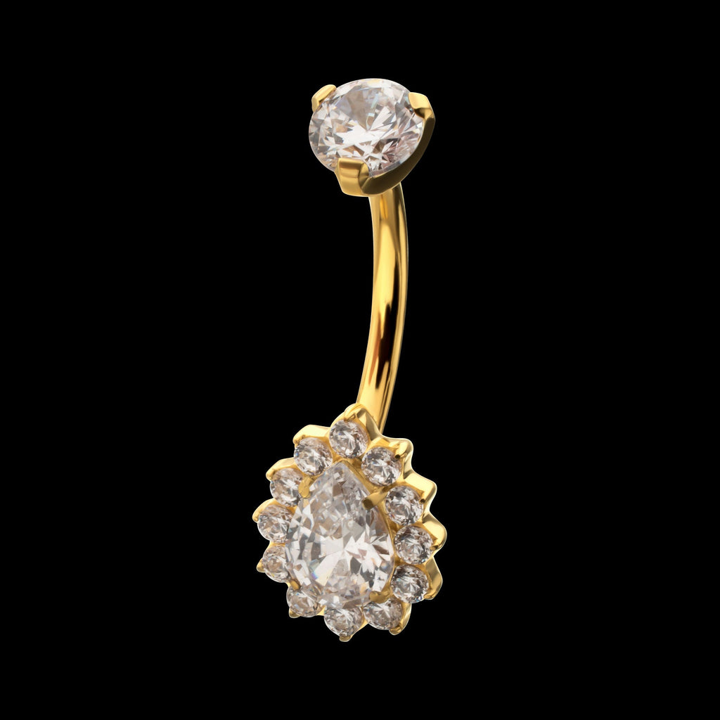 Teardrop Halo with Clear Gem Edge Fixed Bottom Navel Jewelry / Belly Button Ring – 24Kt Gold PVD Titanium