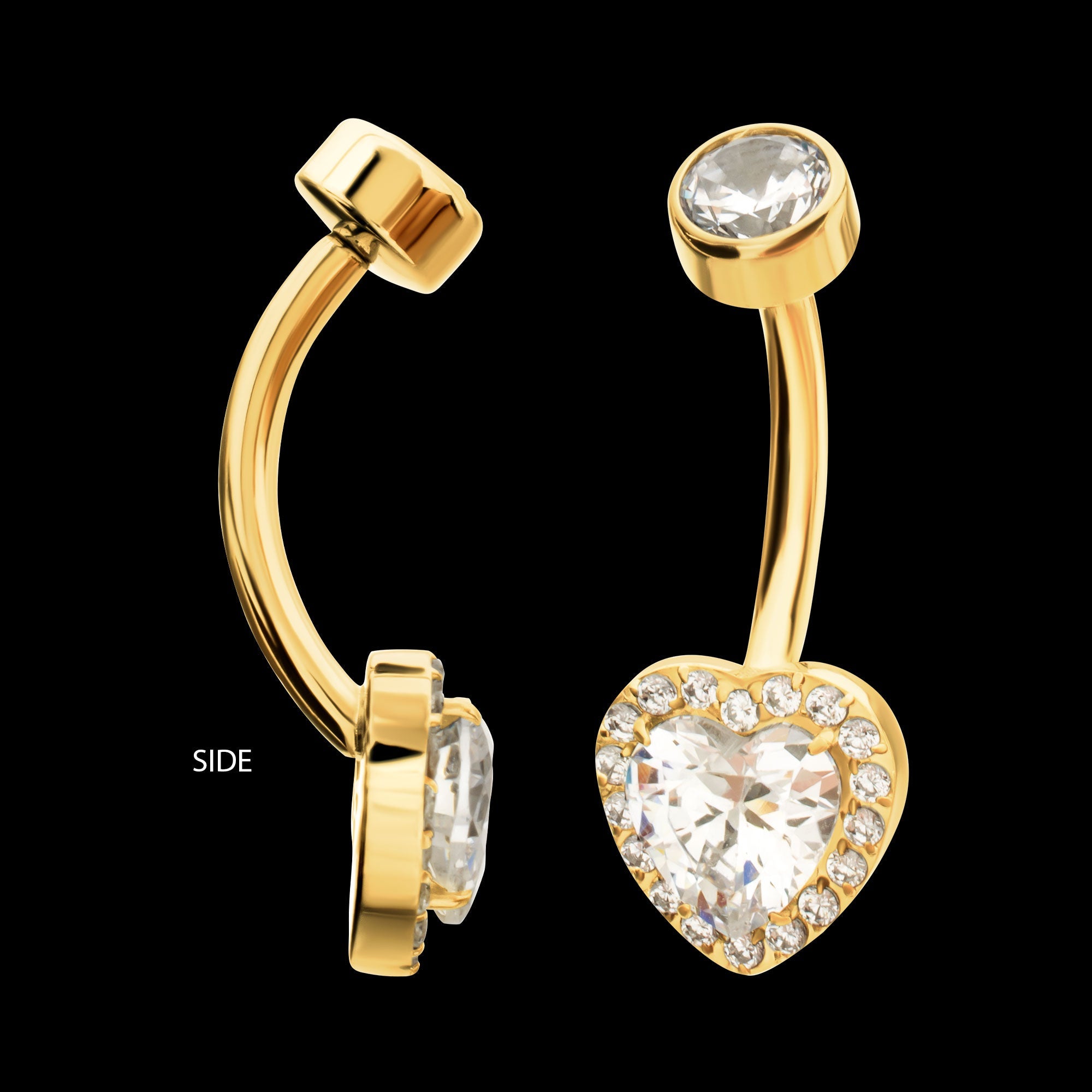 Radiant Heart Halo with Clear Gem Edge Fixed Bottom Navel Jewelry / Belly Button Ring – 24Kt Gold PVD Titanium