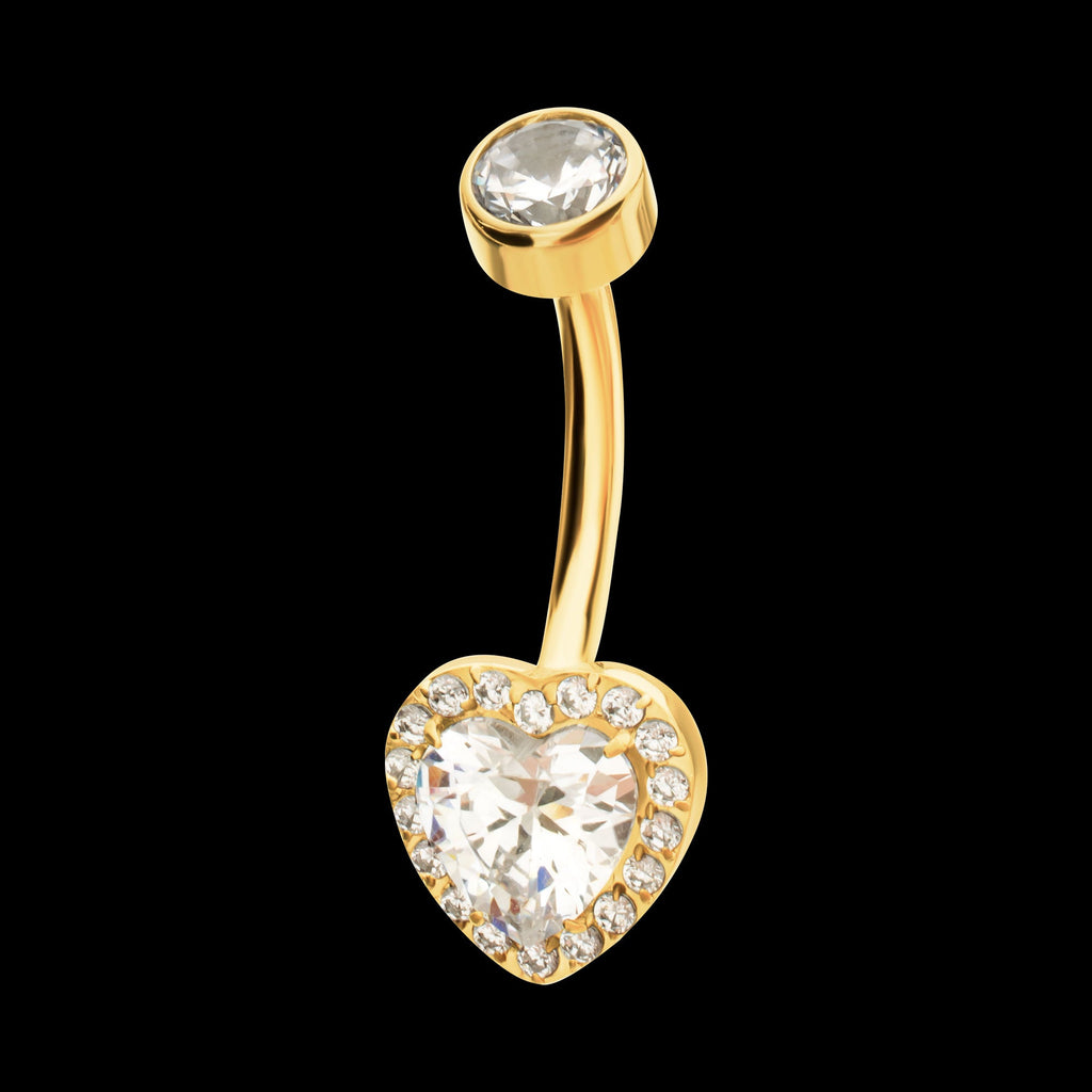 Radiant Heart Halo with Clear Gem Edge Fixed Bottom Navel Jewelry / Belly Button Ring – 24Kt Gold PVD Titanium