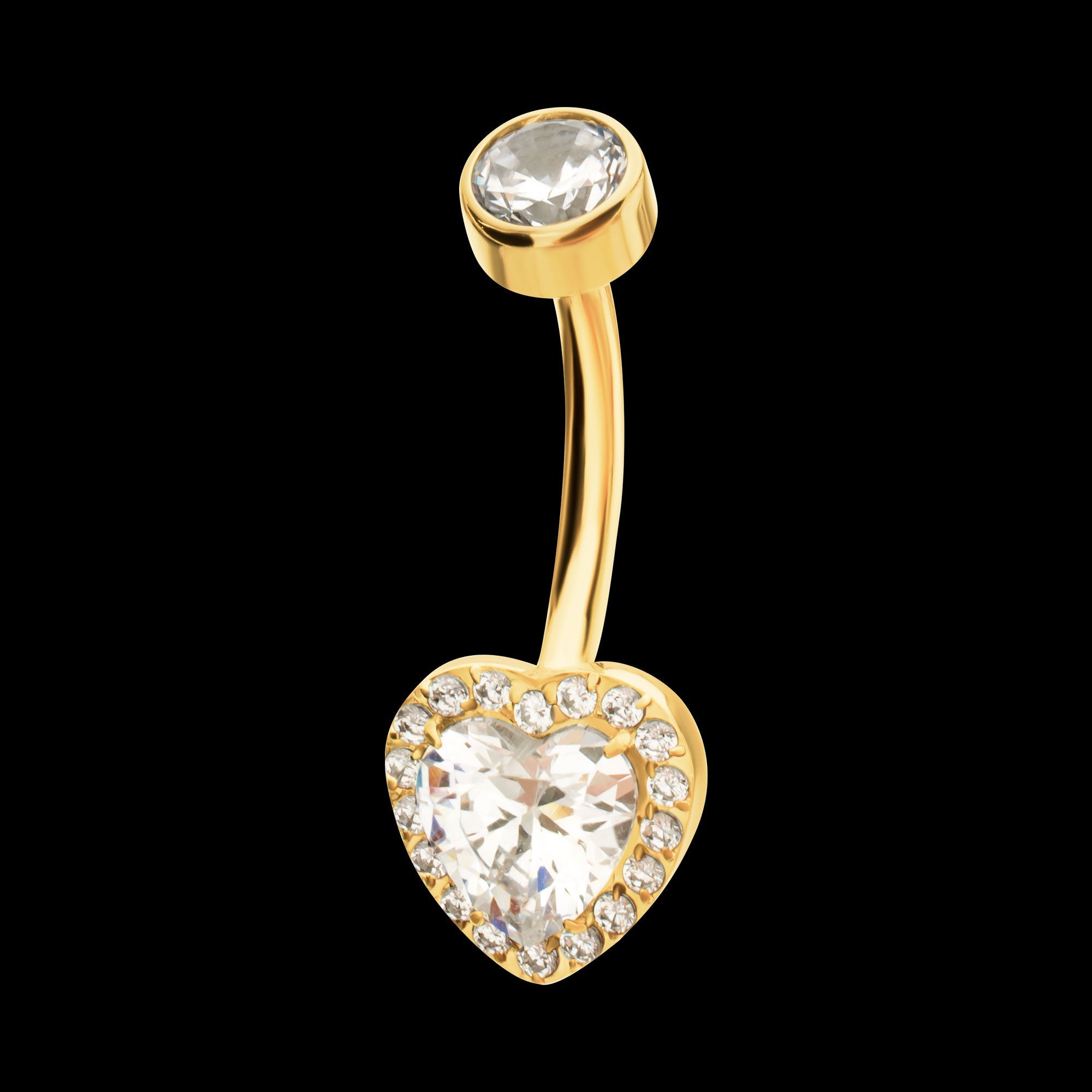 Radiant Heart Halo with Clear Gem Edge Fixed Bottom Navel Jewelry / Belly Button Ring – 24Kt Gold PVD Titanium