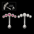 5-Cluster Bezel-Set Gem Fixed Top Internally Threaded Curved Barbell – Titanium