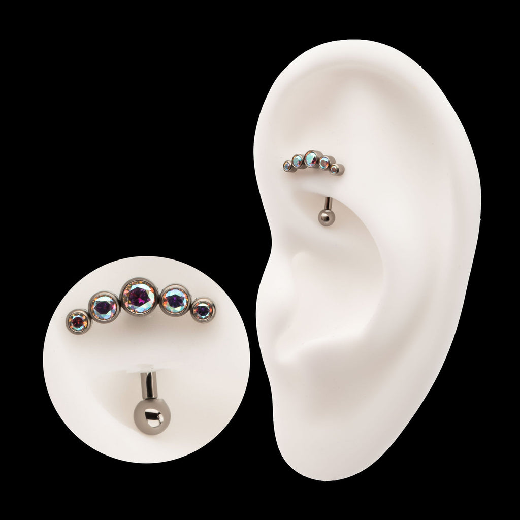 5-Cluster Bezel-Set Gem Fixed Top Internally Threaded Curved Barbell – Titanium