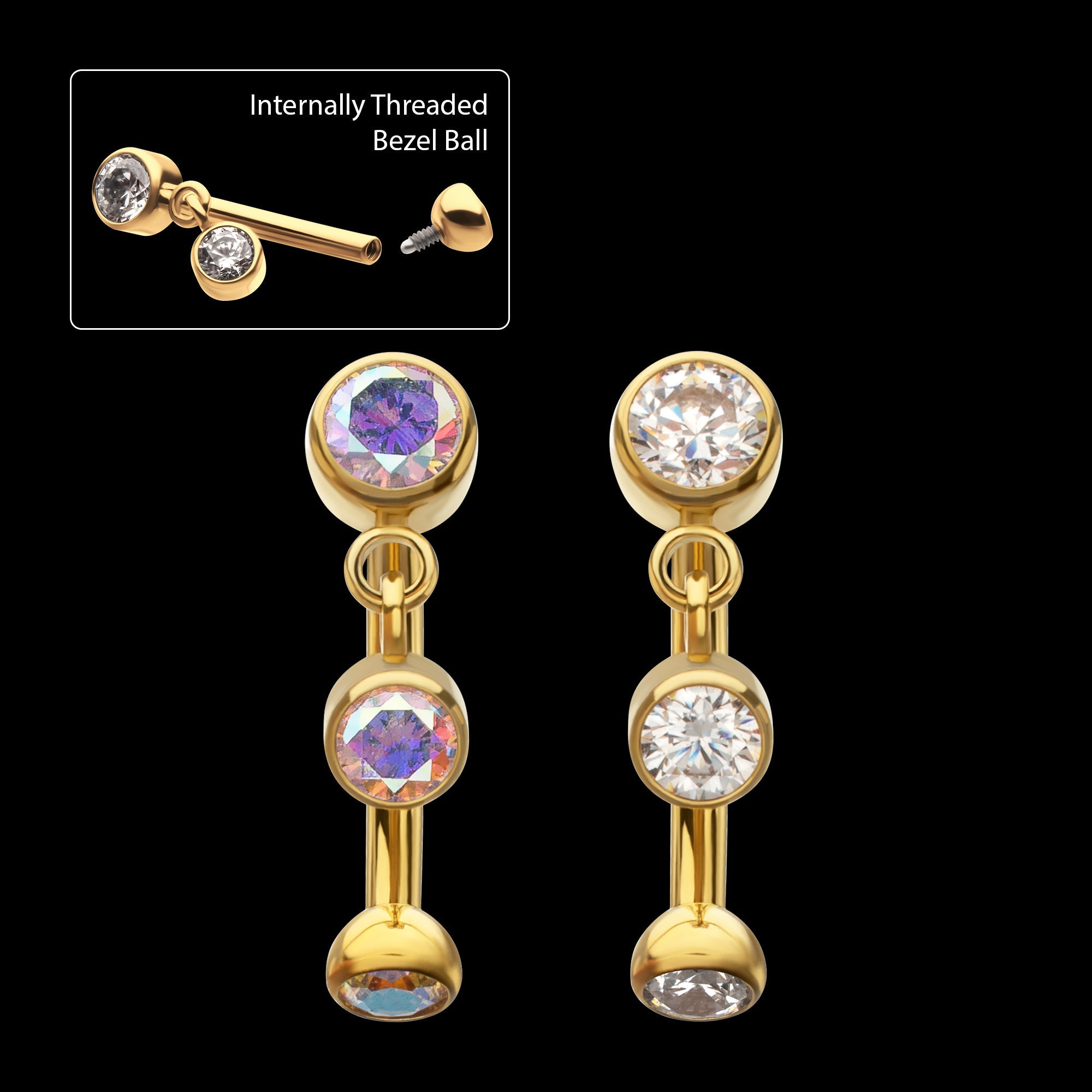 Bezel Gem Fixed Top Curved Barbell with Floating Gem Dangle – 24Kt Gold PVD Titanium.