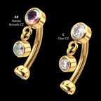 Bezel Gem Fixed Top Curved Barbell with Floating Gem Dangle – 24Kt Gold PVD Titanium.