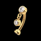 Bezel Gem Fixed Top Curved Barbell with Floating Gem Dangle – 24Kt Gold PVD Titanium.