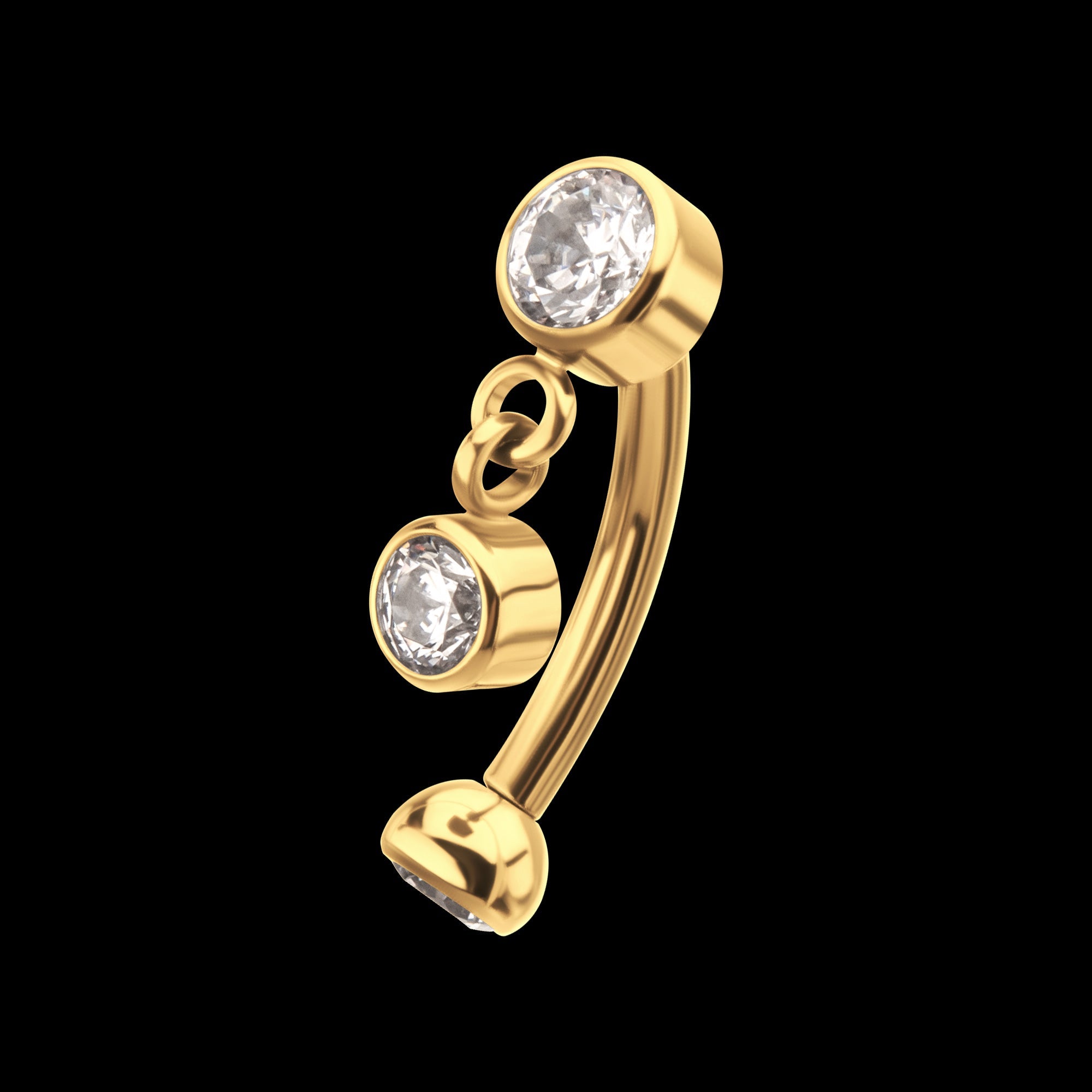 Bezel Gem Fixed Top Curved Barbell with Floating Gem Dangle – 24Kt Gold PVD Titanium.
