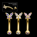 Butterfly Prong-Set Marquise & Round Gem Fixed Top Curved Barbell – 24Kt Gold PVD Titanium