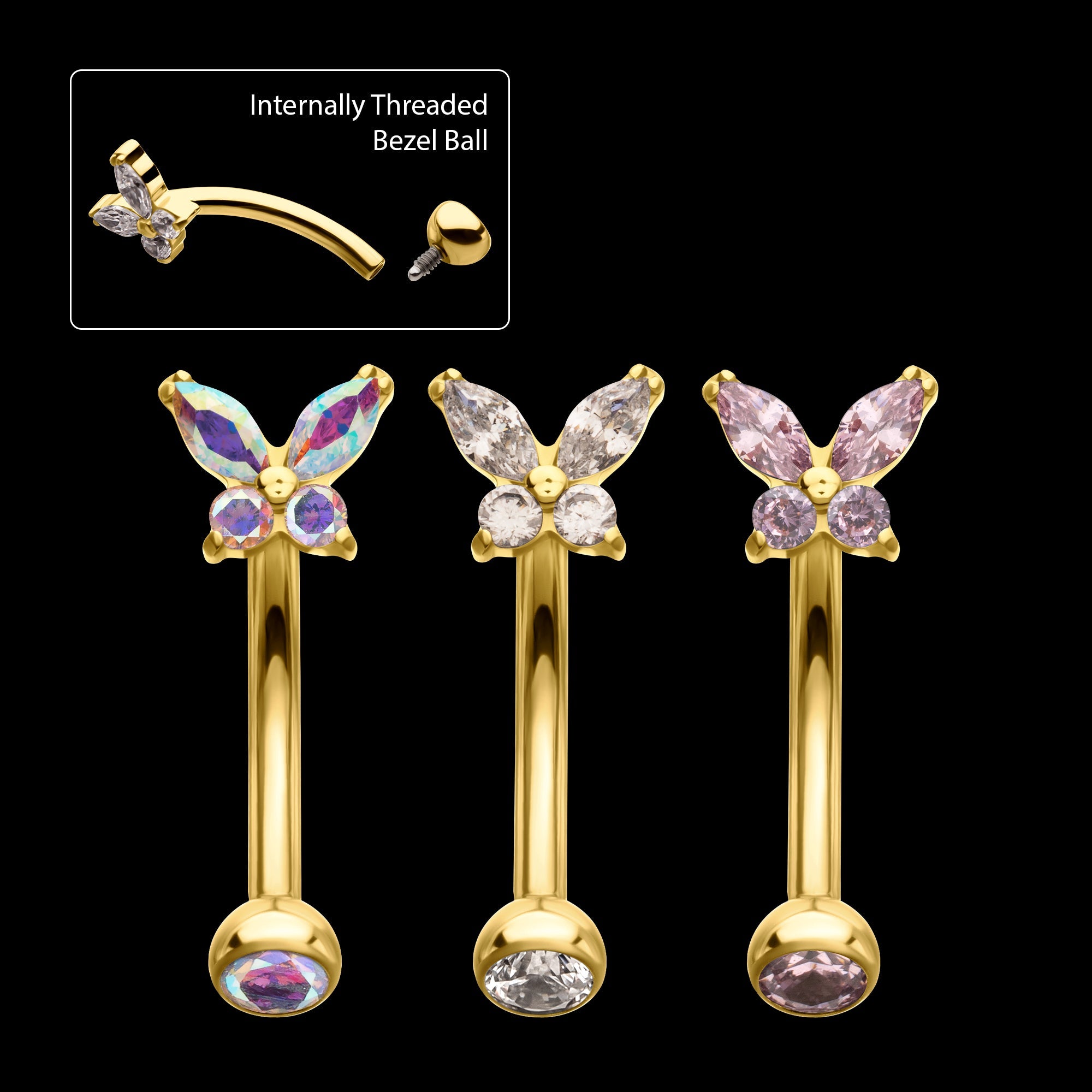 Butterfly Prong-Set Marquise & Round Gem Fixed Top Curved Barbell – 24Kt Gold PVD Titanium