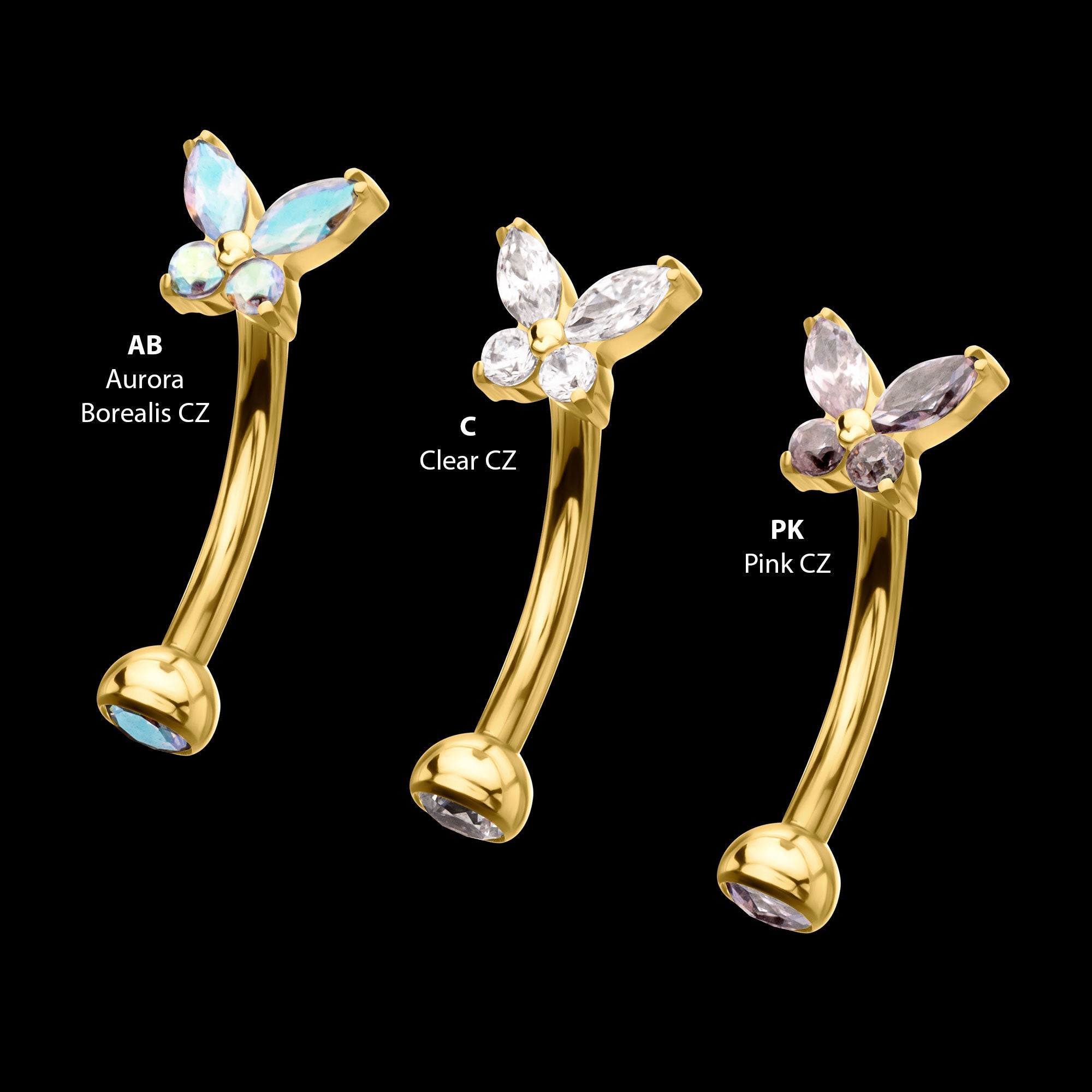 Butterfly Prong-Set Marquise & Round Gem Fixed Top Curved Barbell – 24Kt Gold PVD Titanium