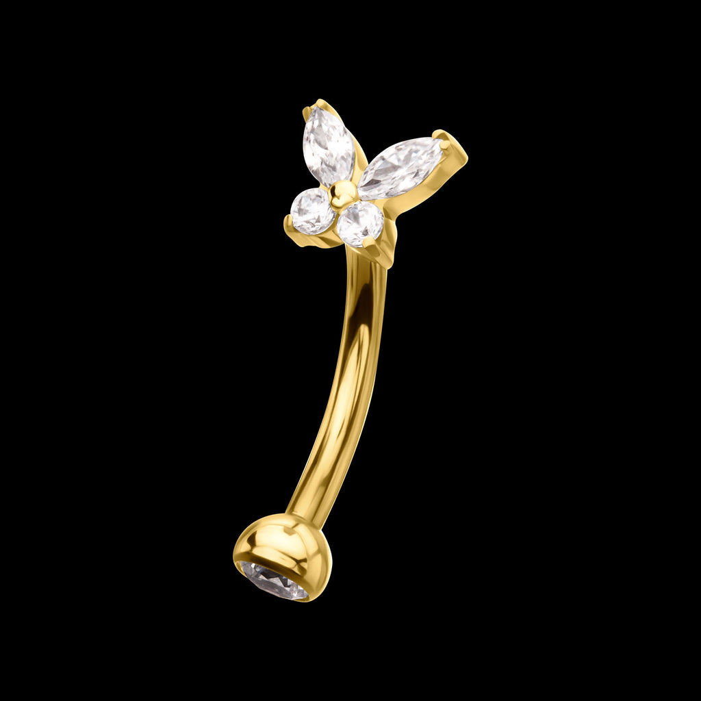 Butterfly Prong-Set Marquise & Round Gem Fixed Top Curved Barbell – 24Kt Gold PVD Titanium
