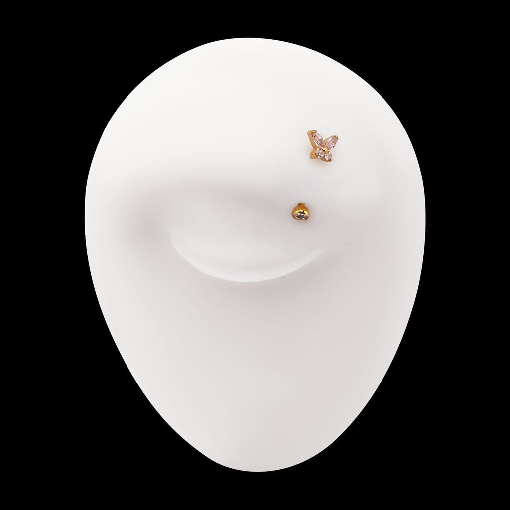 Butterfly Prong-Set Marquise & Round Gem Fixed Top Curved Barbell – 24Kt Gold PVD Titanium