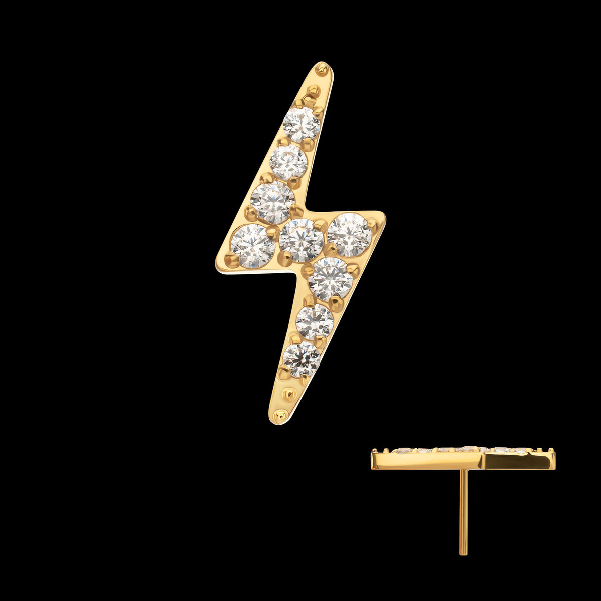 Pave Gem Lightning Bolt Threadless Top Earring / Nosering – 24kt Gold PVD Titanium