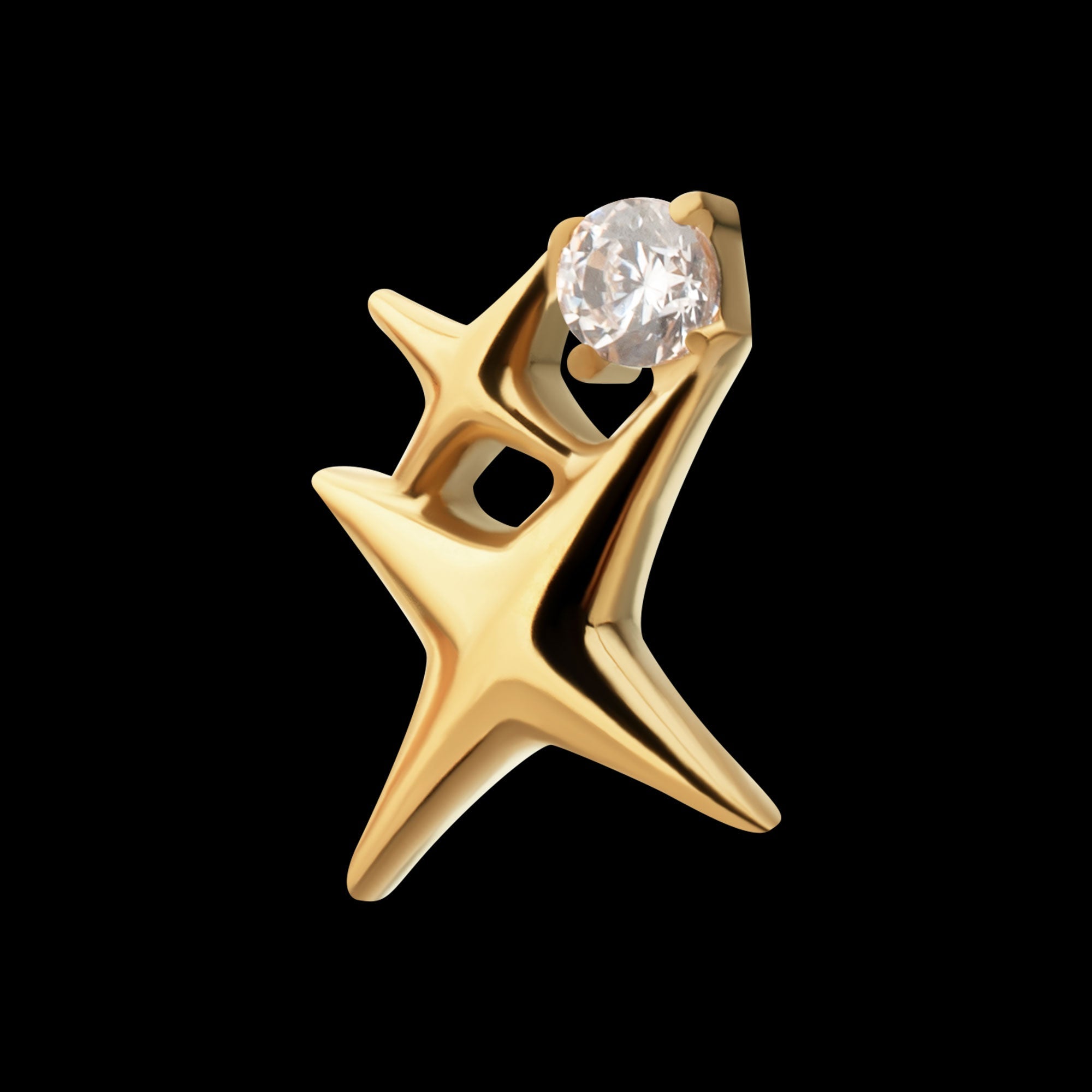Double Celestial Star Prong-Set Gem Threadless Earring / Nosering – 24Kt Gold PVD Titanium