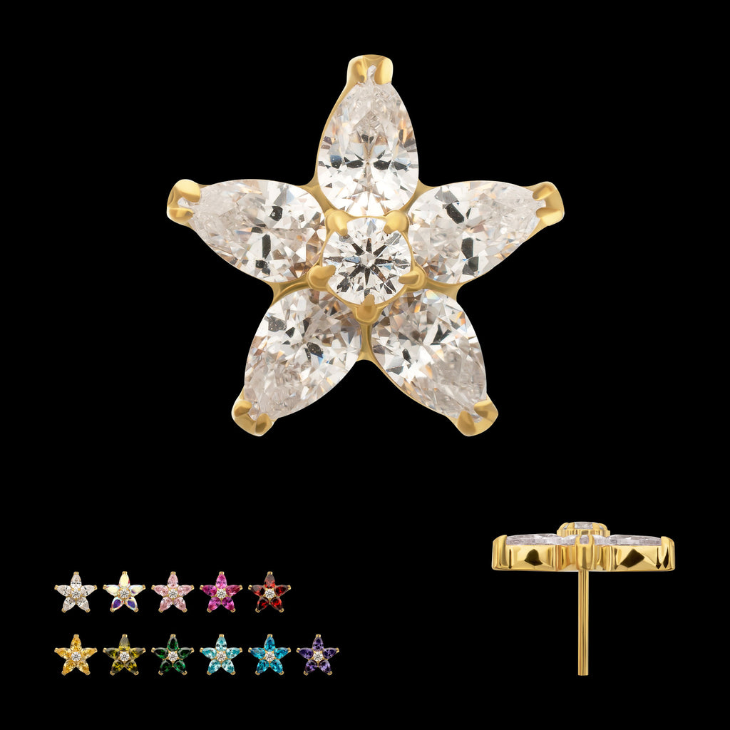 V-Prong Marquise Gem 5-Petal Flower Threadless Top Earring / Nosering – 24kt Gold PVD Titanium