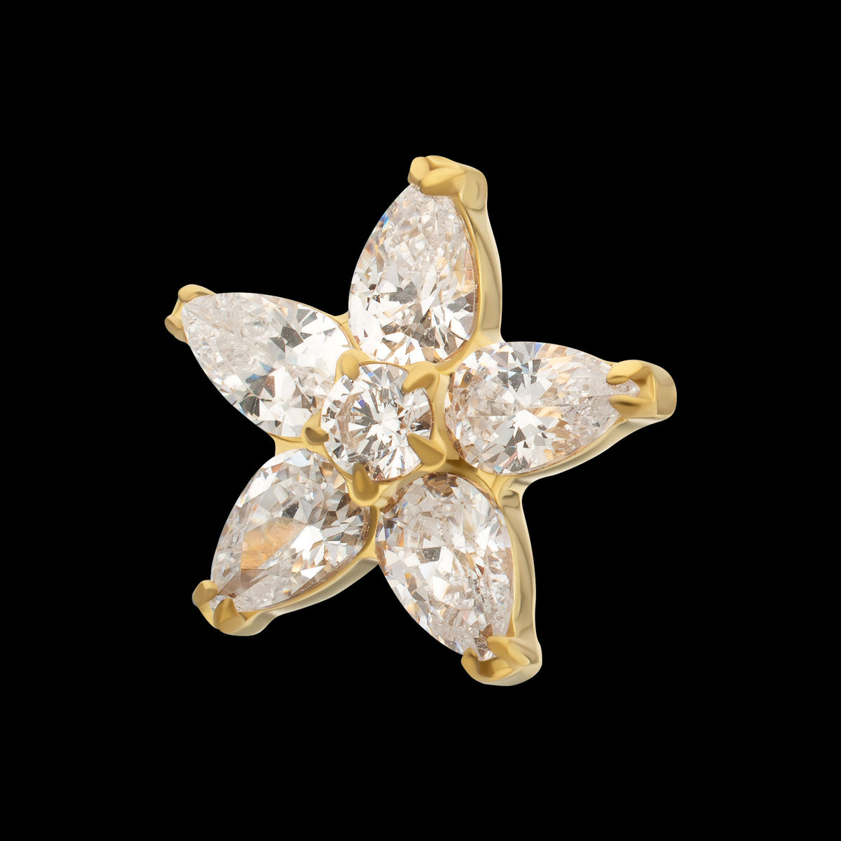 V-Prong Marquise Gem 5-Petal Flower Threadless Top Earring / Nosering – 24kt Gold PVD Titanium
