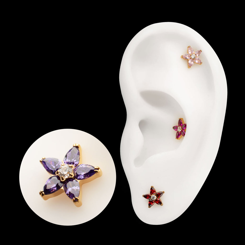 V-Prong Marquise Gem 5-Petal Flower Threadless Top Earring / Nosering – 24kt Gold PVD Titanium