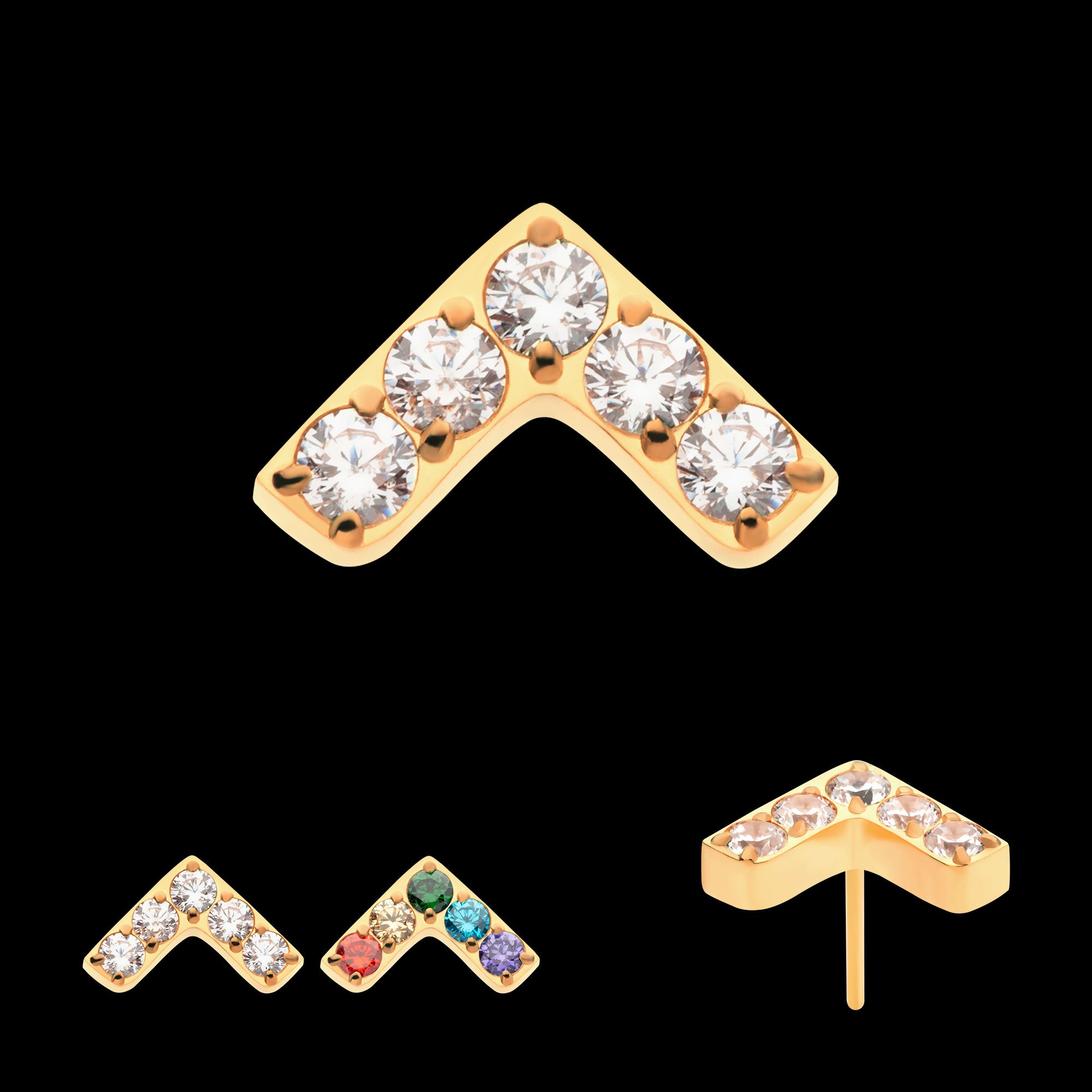Prong Set 5 Round CZ Chevron Shape Flatback Stud Earring / Nosering - CZ in 24Kt Gold PVD Titanium