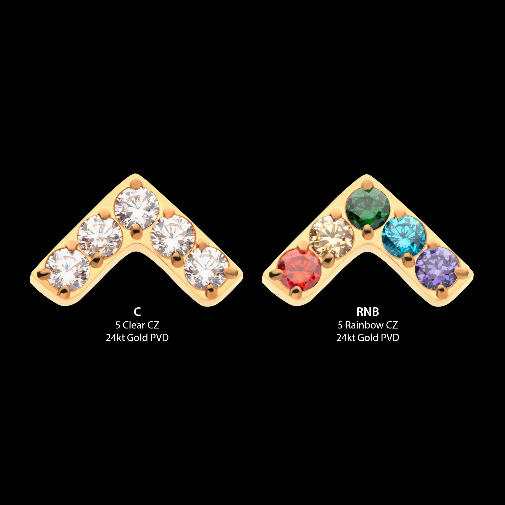 Prong Set 5 Round CZ Chevron Shape Flatback Stud Earring / Nosering - CZ in 24Kt Gold PVD Titanium