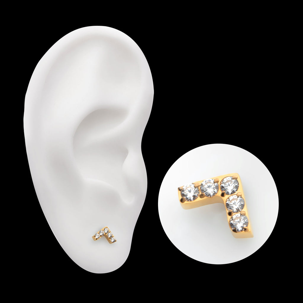 Prong Set 5 Round CZ Chevron Shape Flatback Stud Earring / Nosering - CZ in 24Kt Gold PVD Titanium