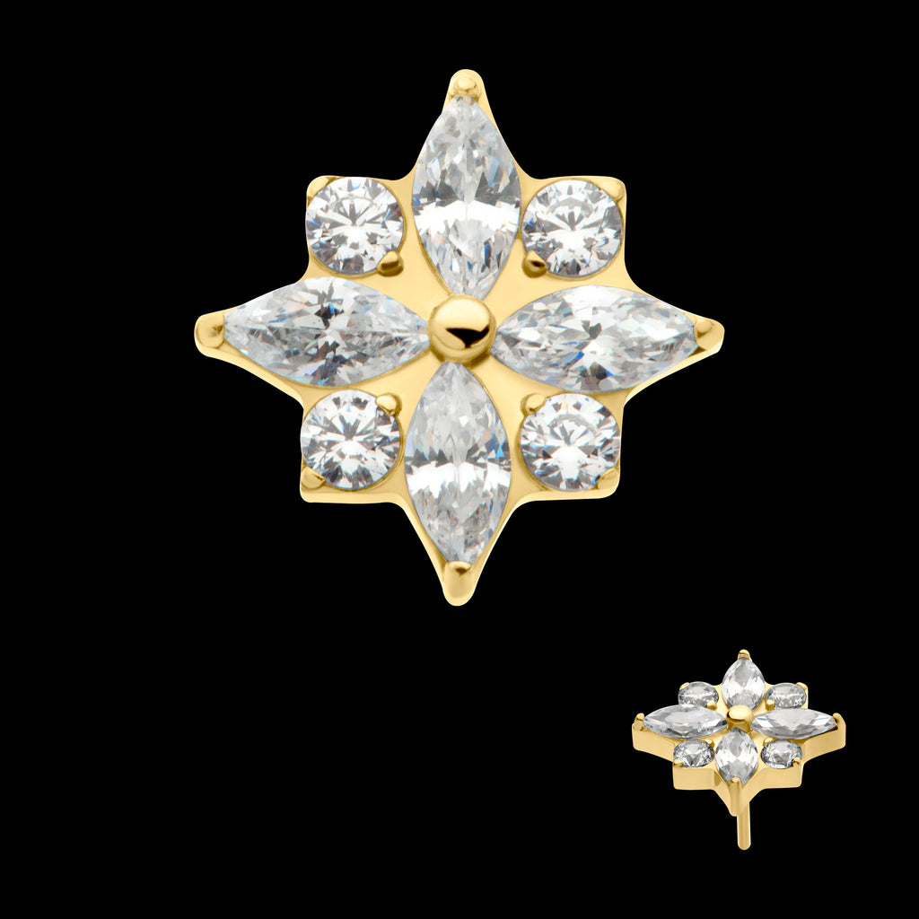4 Marquise & 4 Round CZ Flower Shape Flatback Stud Earring / Nosering - CZ in 24Kt Gold PVD Titanium