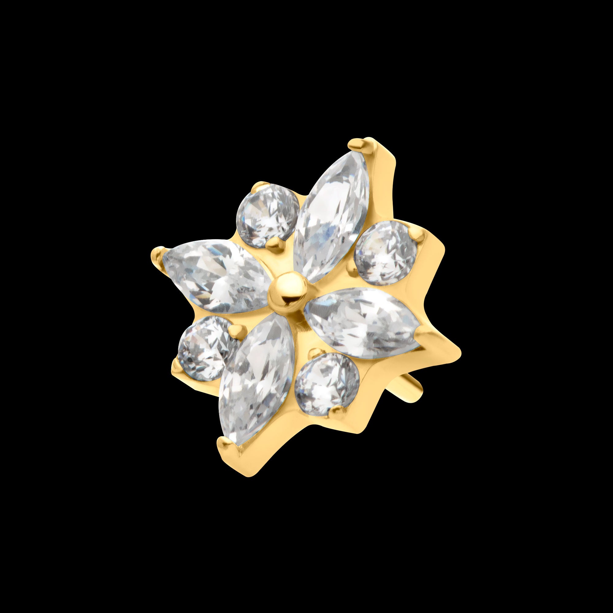 4 Marquise & 4 Round CZ Flower Shape Flatback Stud Earring / Nosering - CZ in 24Kt Gold PVD Titanium