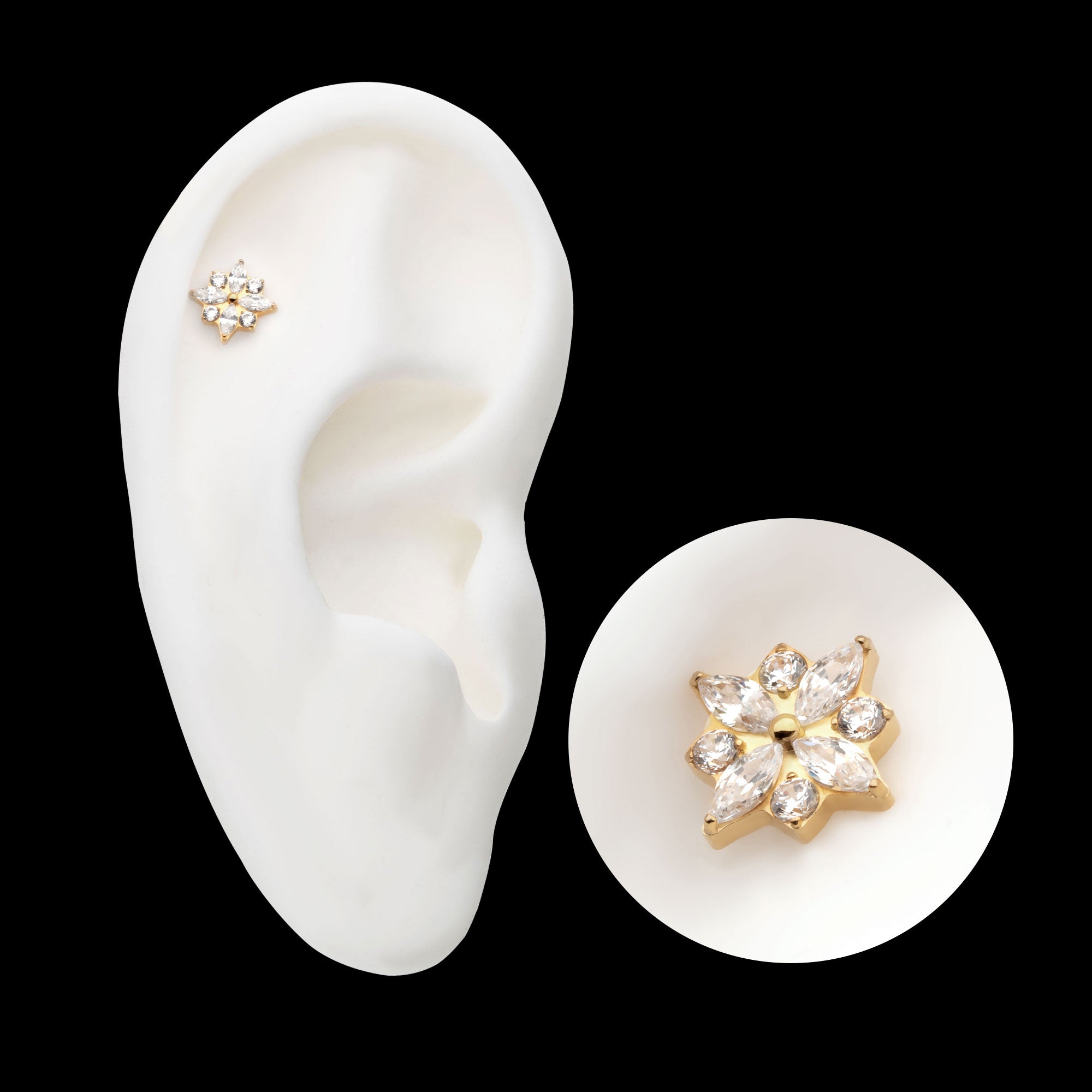 4 Marquise & 4 Round CZ Flower Shape Flatback Stud Earring / Nosering - CZ in 24Kt Gold PVD Titanium