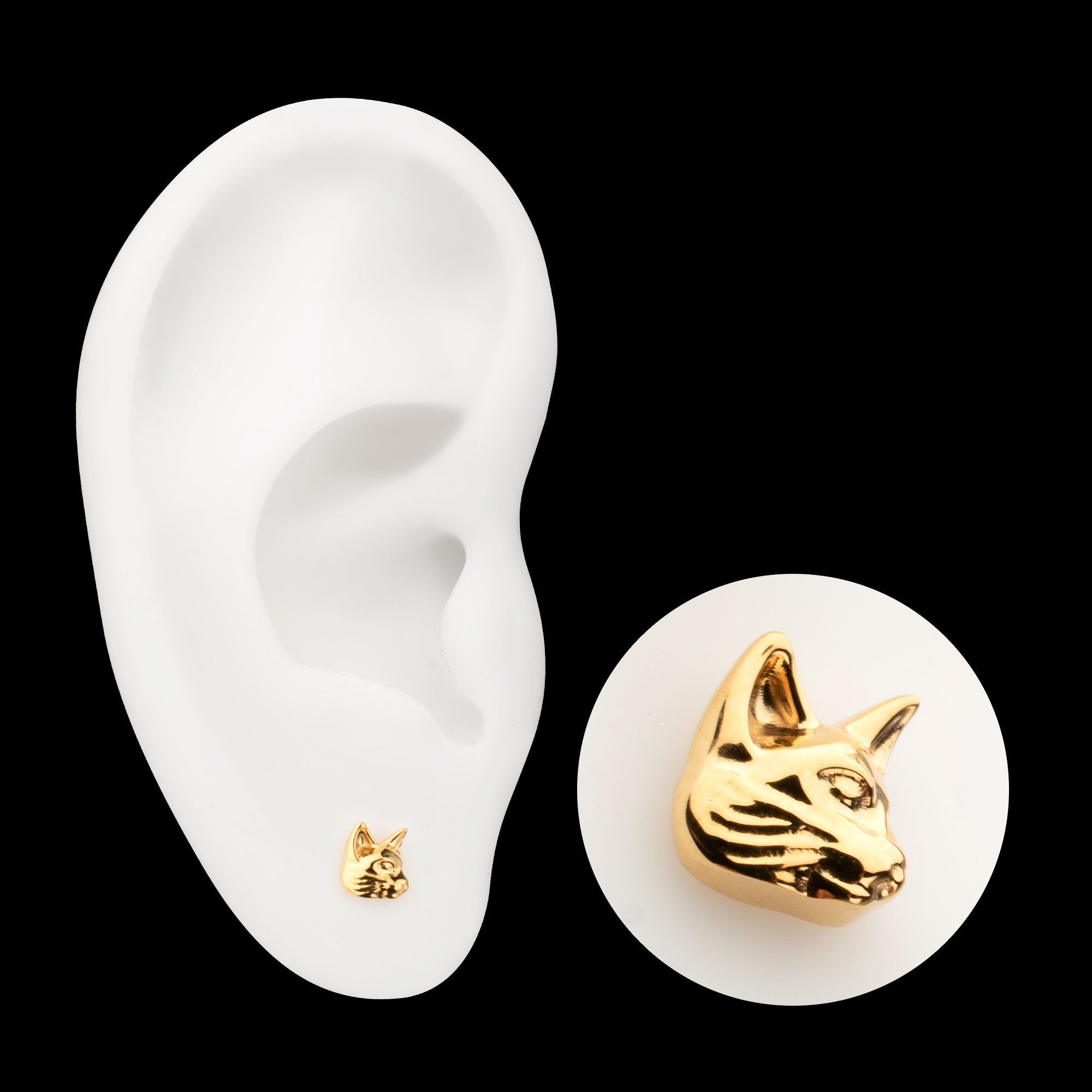 Low-Profile 3D Cat's Head Threadless Earring / Nosering – 24Kt Gold PVD Titanium
