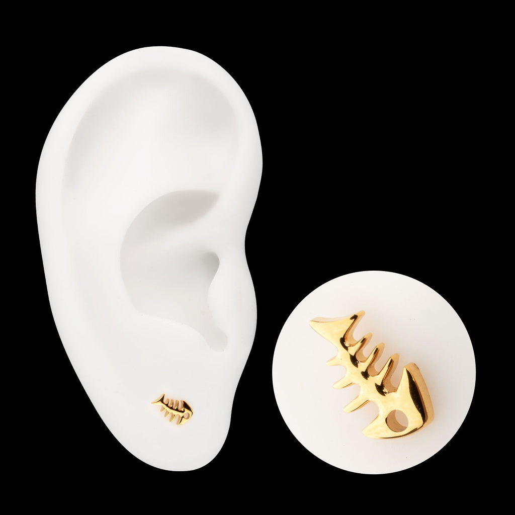Low-Profile 3D Fishbone Threadless Earring / Nosering – 24Kt Gold PVD Titanium