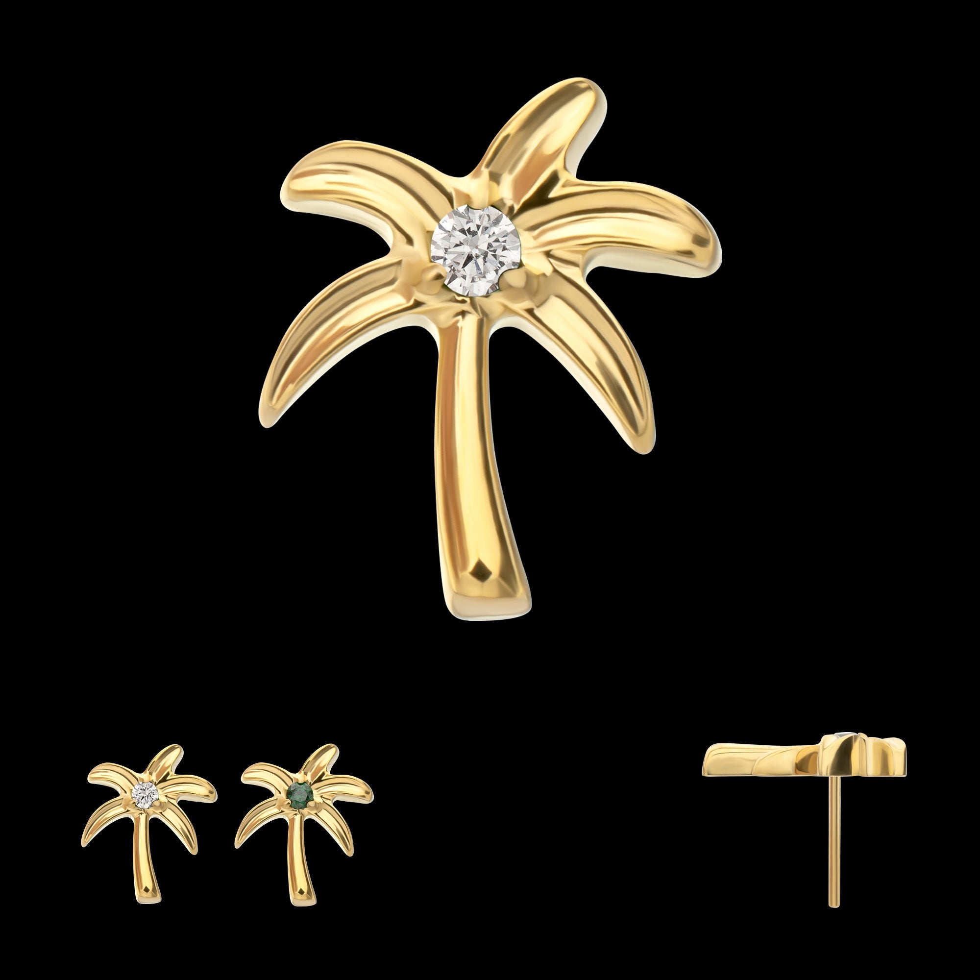 3D Palm Tree Prong-Set Gem Low-Profile Threadless Earring / Nosering – 24Kt Gold PVD Titanium