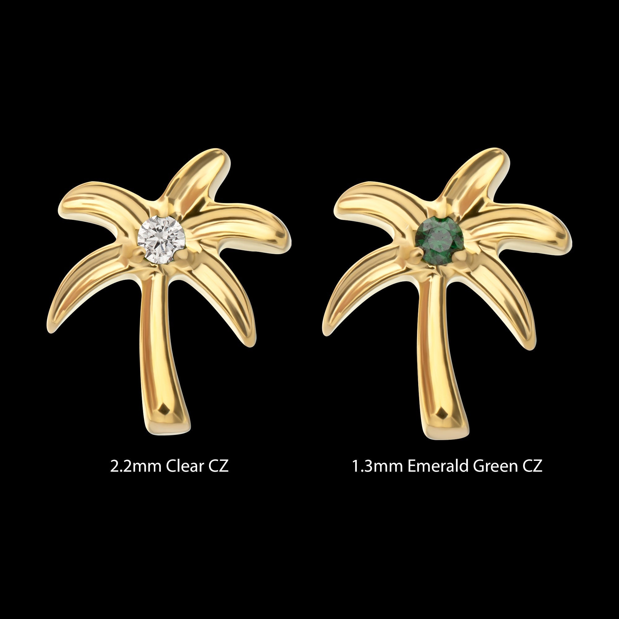 3D Palm Tree Prong-Set Gem Low-Profile Threadless Earring / Nosering – 24Kt Gold PVD Titanium