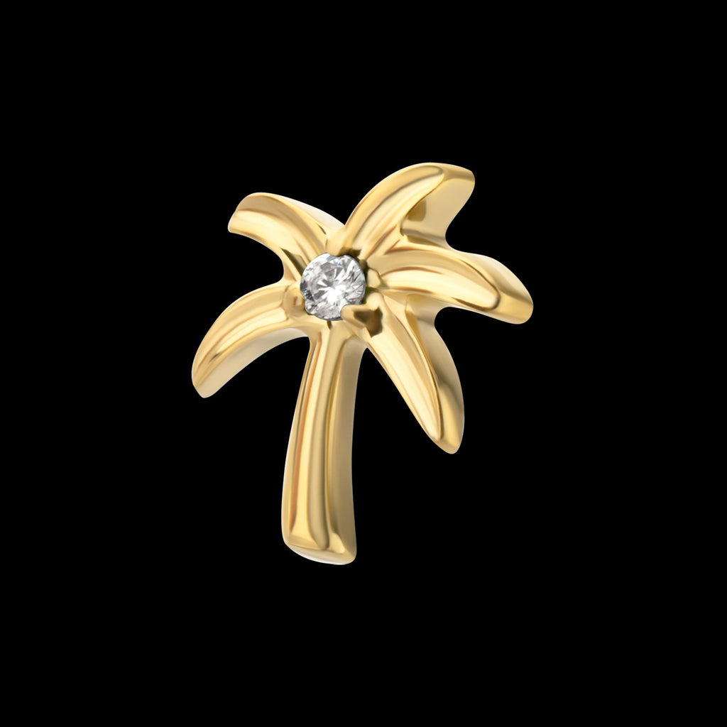3D Palm Tree Prong-Set Gem Low-Profile Threadless Earring / Nosering – 24Kt Gold PVD Titanium