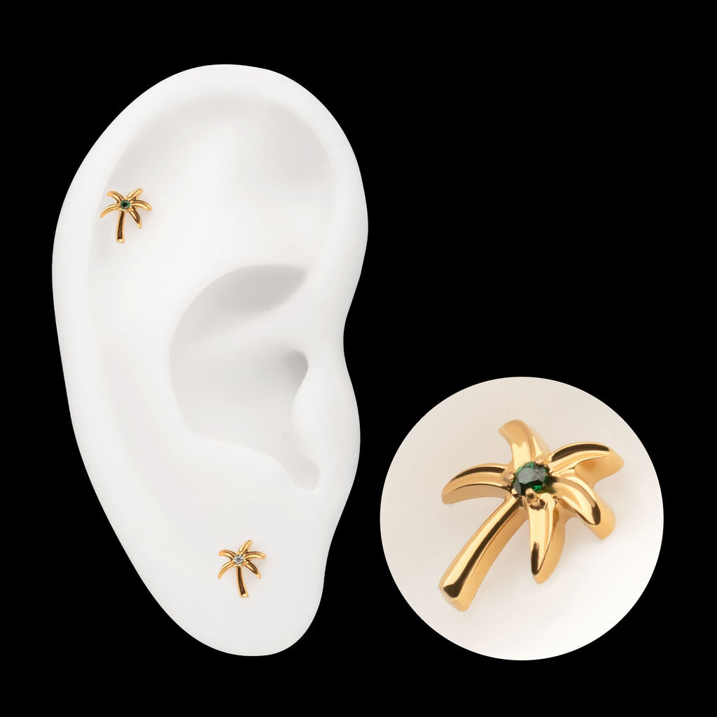 3D Palm Tree Prong-Set Gem Low-Profile Threadless Earring / Nosering – 24Kt Gold PVD Titanium