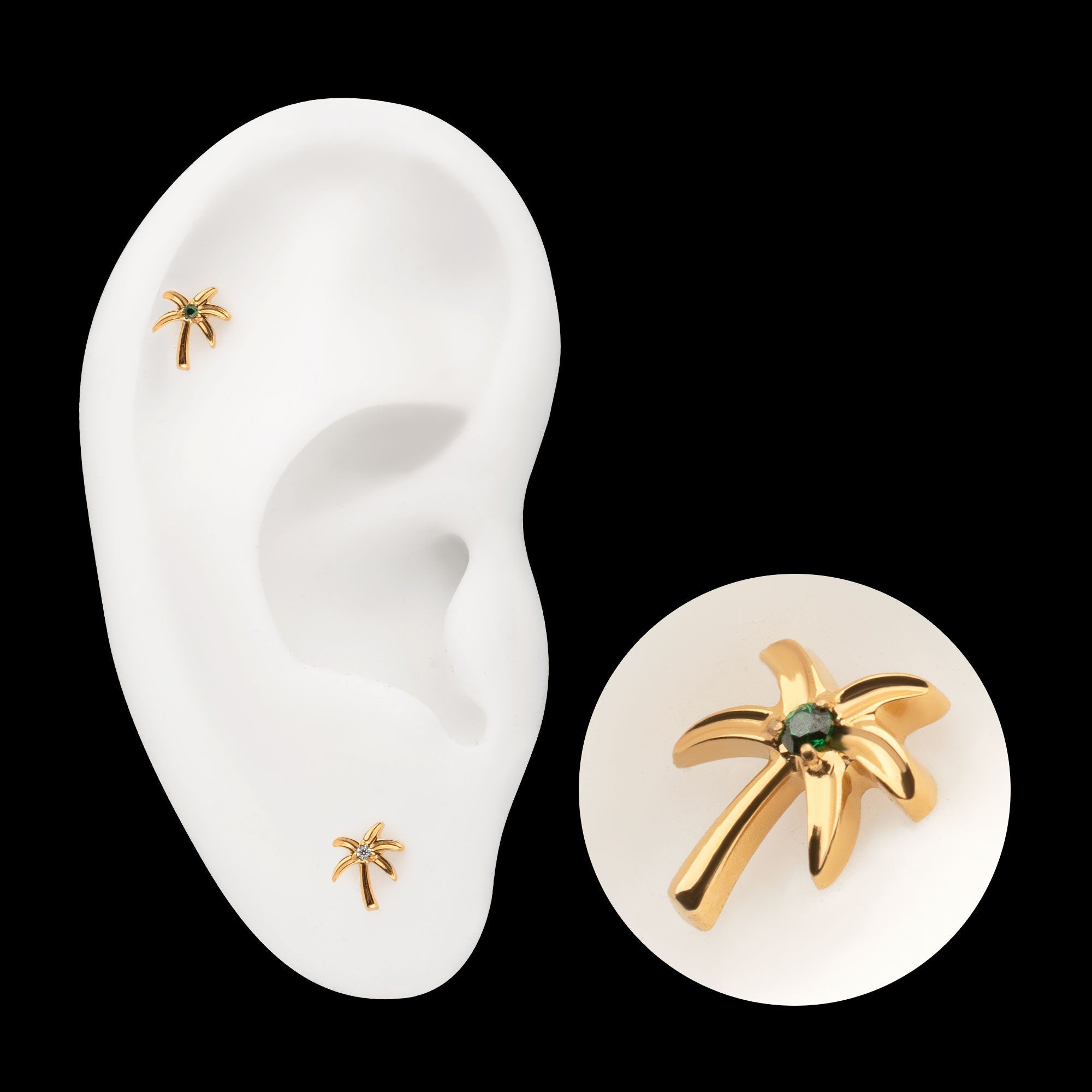 3D Palm Tree Prong-Set Gem Low-Profile Threadless Earring / Nosering – 24Kt Gold PVD Titanium