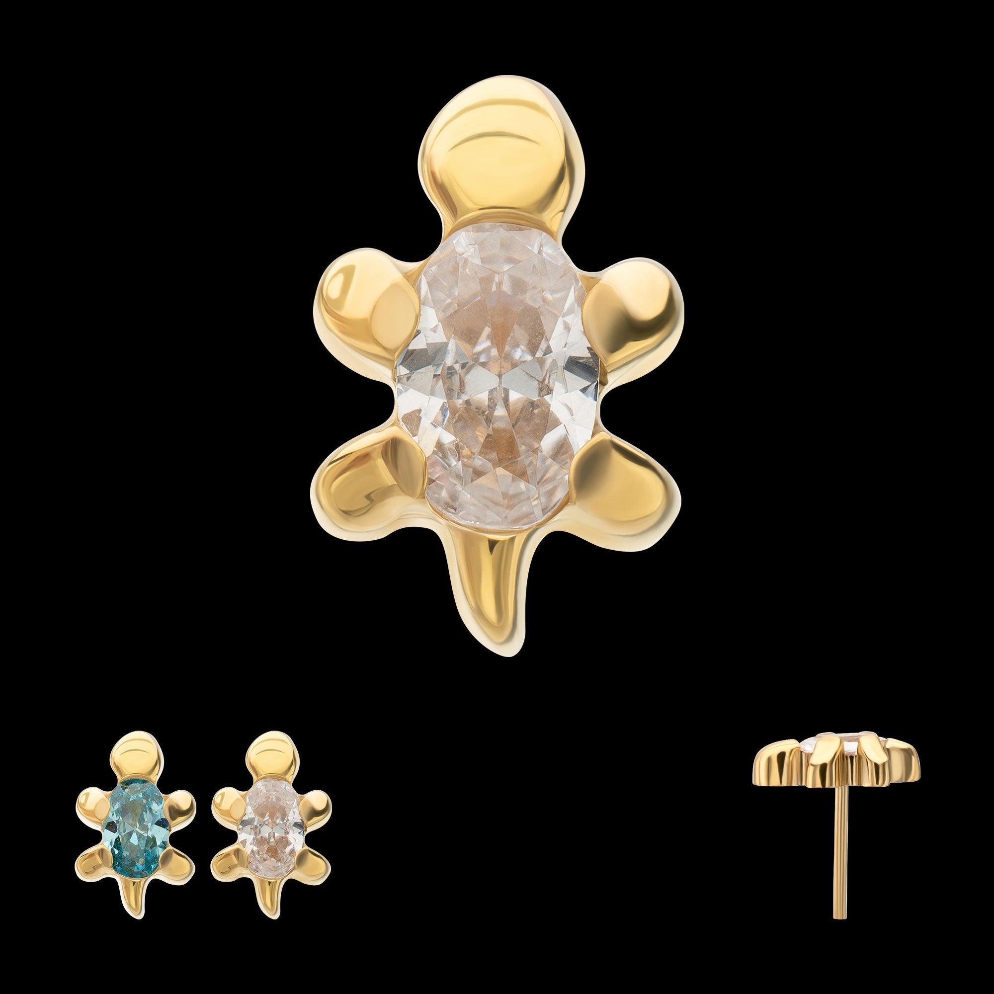 3D Sea Turtle Prong-Set Oval Gem Low-Profile Threadless Earring / Nosering – 24Kt Gold PVD Titanium