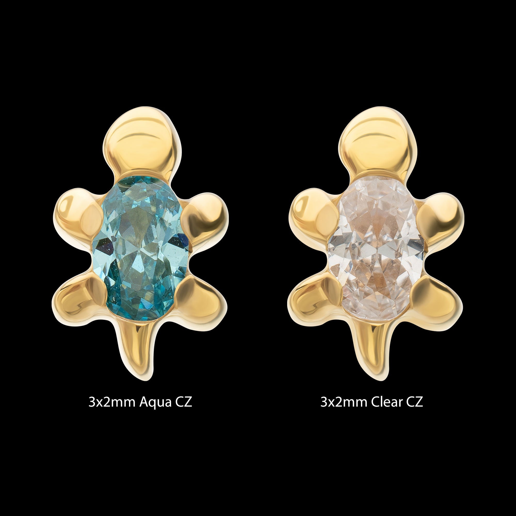 3D Sea Turtle Prong-Set Oval Gem Low-Profile Threadless Earring / Nosering – 24Kt Gold PVD Titanium