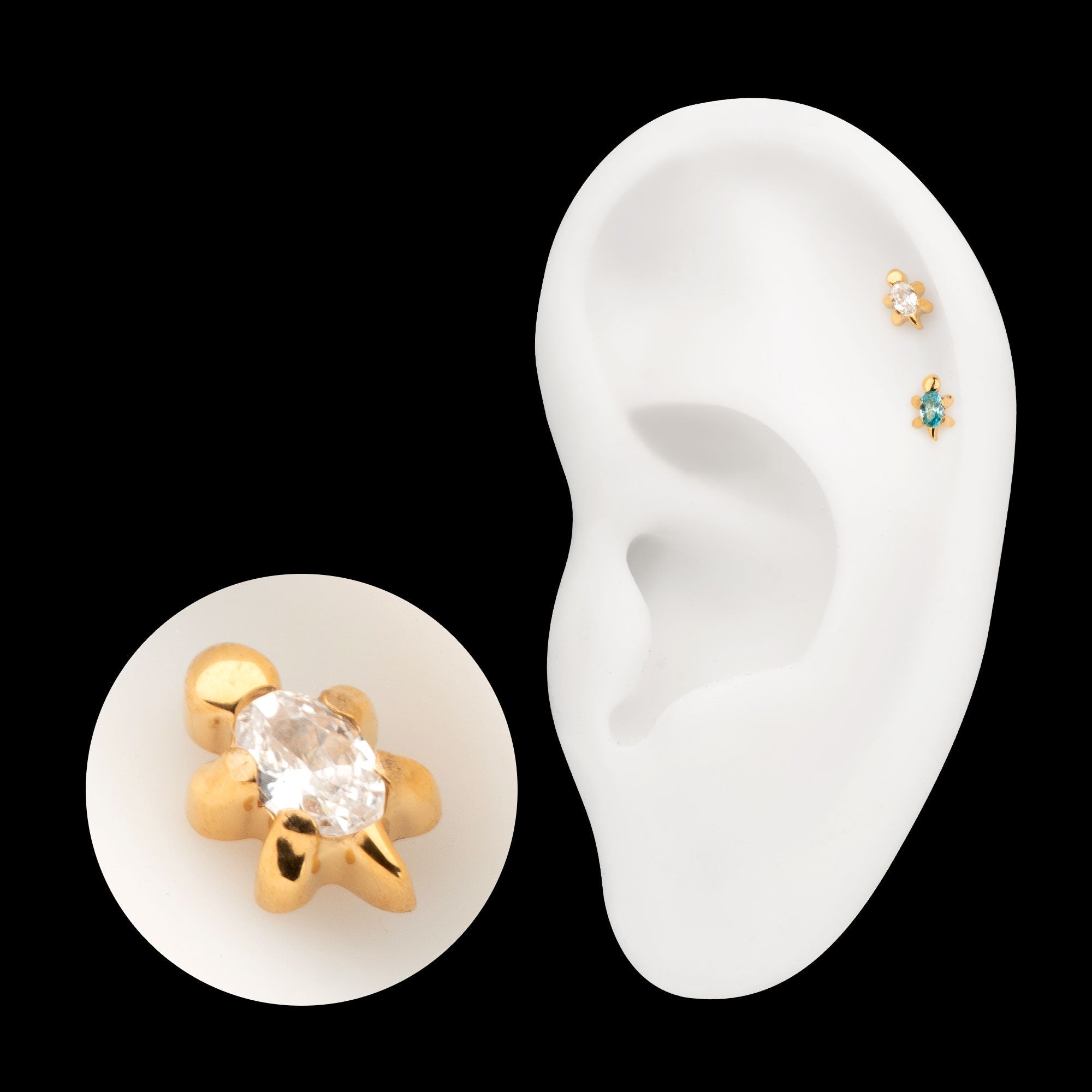 3D Sea Turtle Prong-Set Oval Gem Low-Profile Threadless Earring / Nosering – 24Kt Gold PVD Titanium
