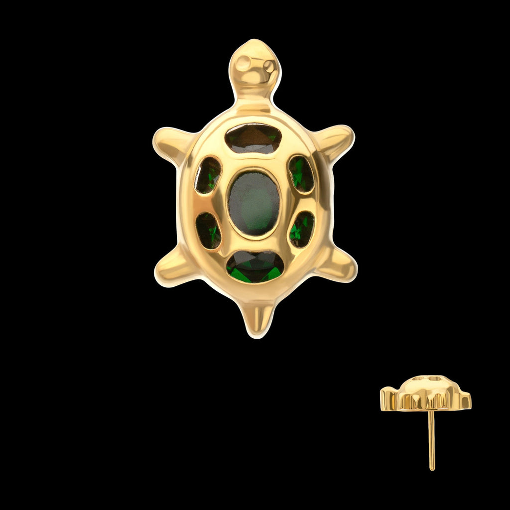 Low-Profile Cut-Out Back Land Turtle with Emerald CZ Gem Threadless Earring / Nosering – 24Kt Gold PVD Titanium