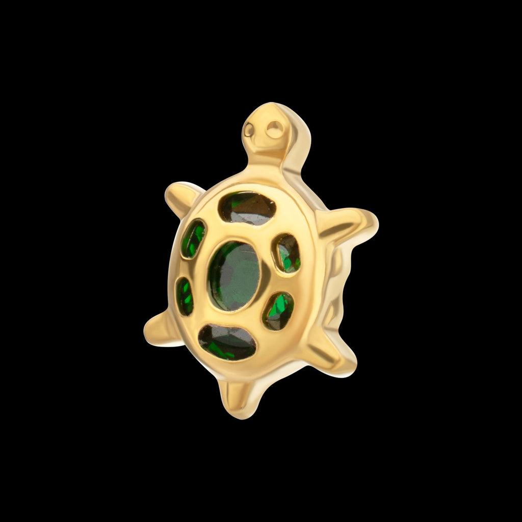Low-Profile Cut-Out Back Land Turtle with Emerald CZ Gem Threadless Earring / Nosering – 24Kt Gold PVD Titanium