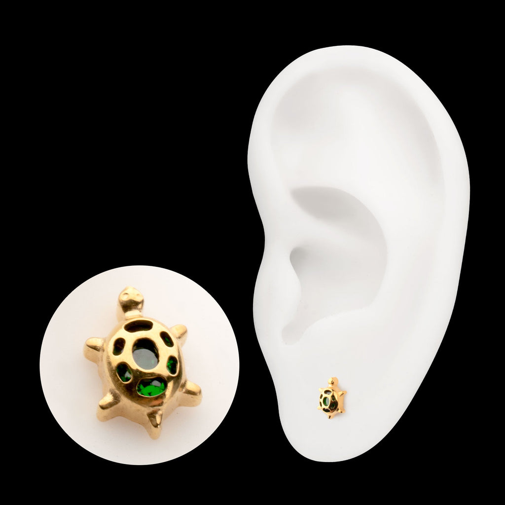 Low-Profile Cut-Out Back Land Turtle with Emerald CZ Gem Threadless Earring / Nosering – 24Kt Gold PVD Titanium